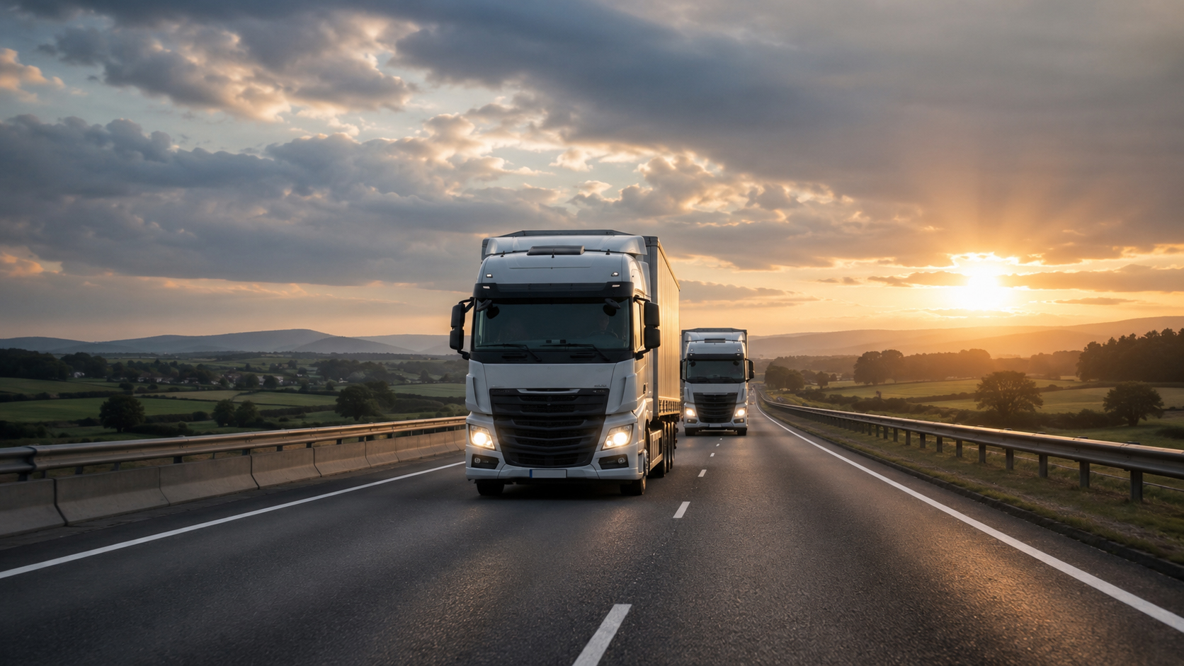 GeoTrans freight lorries on a European motorway at dusk